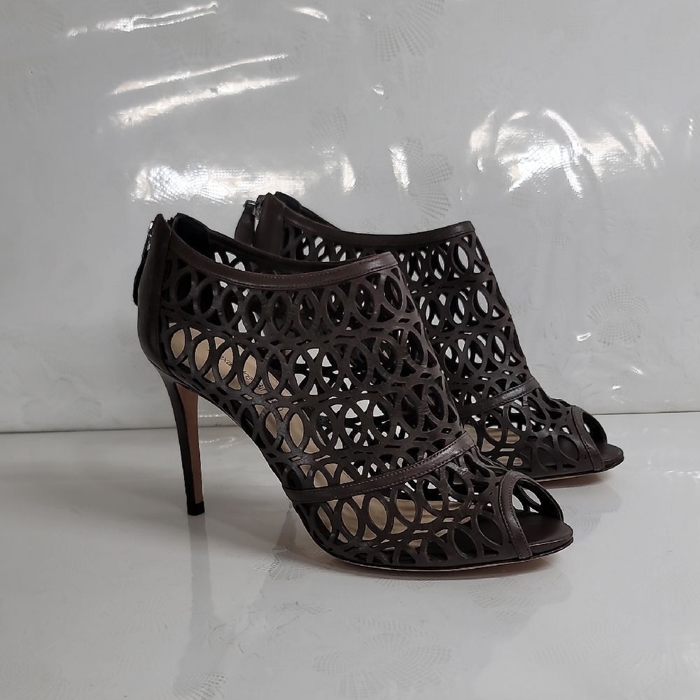 Alexandre Birman Dark Brown  Leather Cut Out Peep Toe Heels Size 38